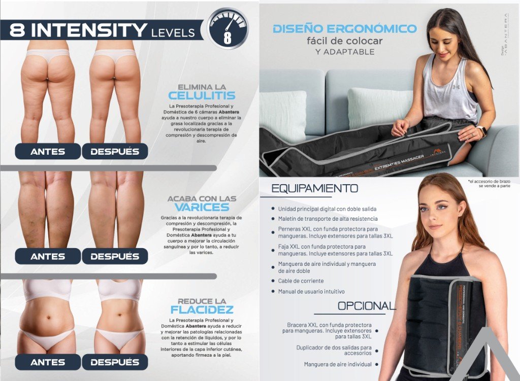 Folleto: beneficios, 8 niveles de intensidad y equipamiento incluido