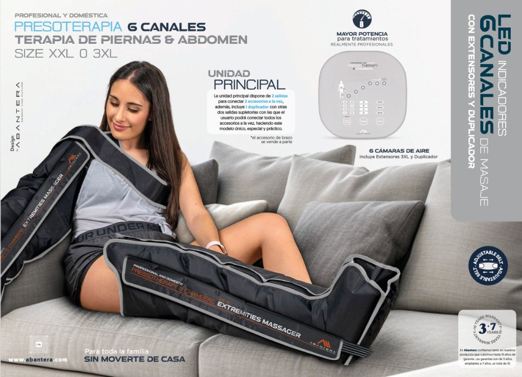 Folleto: presoterapia 6 canales, uso en casa, unidad principal con temporizador